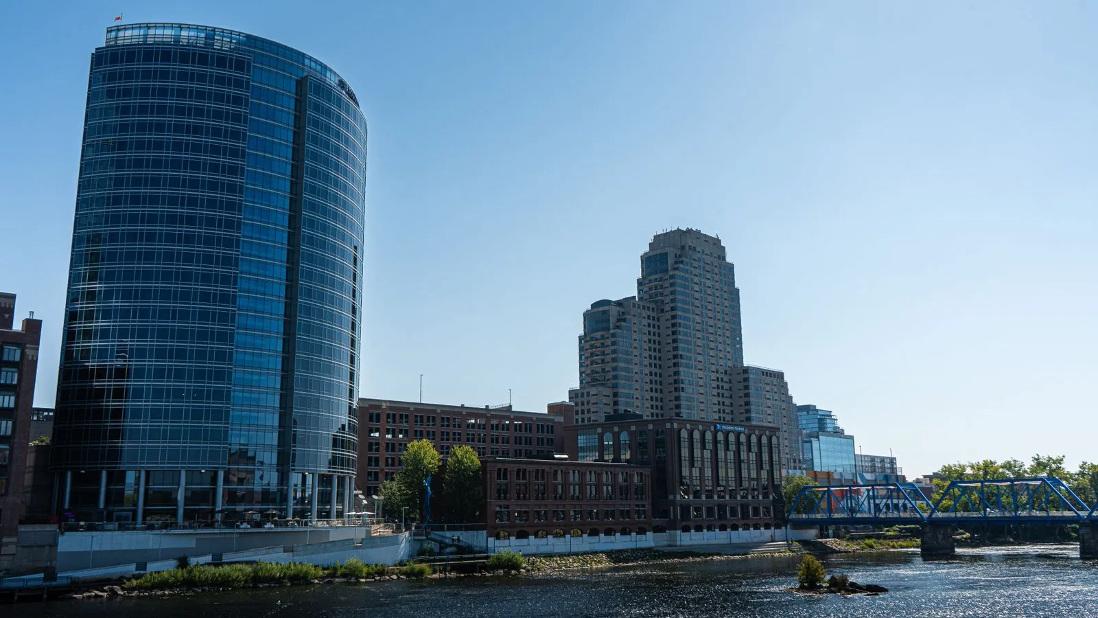 Grand Rapids skyline with the Blue Bridge over the Grand River on a clear day