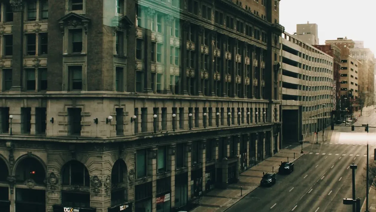 Historic commercial buildings on a downtown Omaha street, daytime
